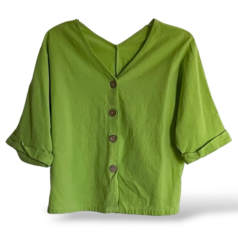 Hot Cotton Vibrant Lime Green Pebble Smock Double V-Neck Button Down Crop Top